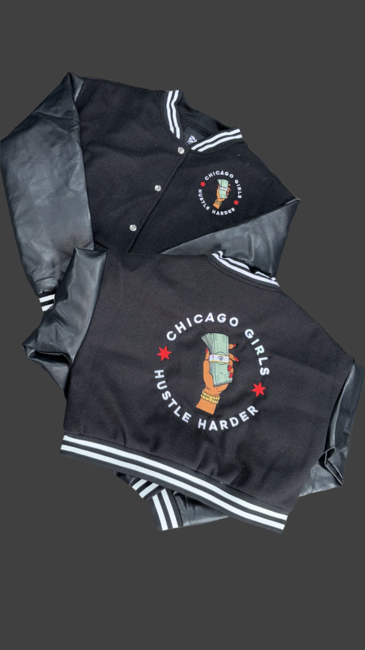 "Chicago Girls Hustle Harder" Cropped Varsity Jacket