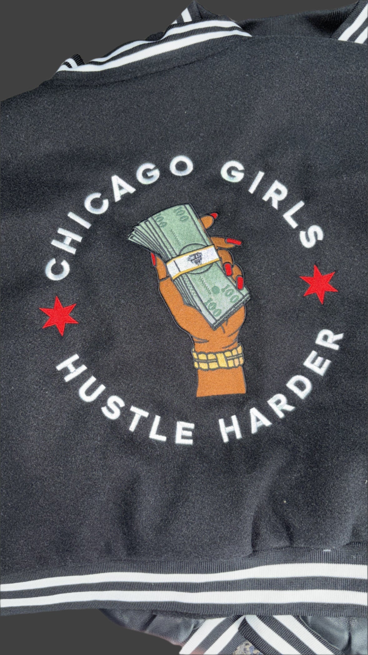 "Chicago Girls Hustle Harder" Cropped Varsity Jacket