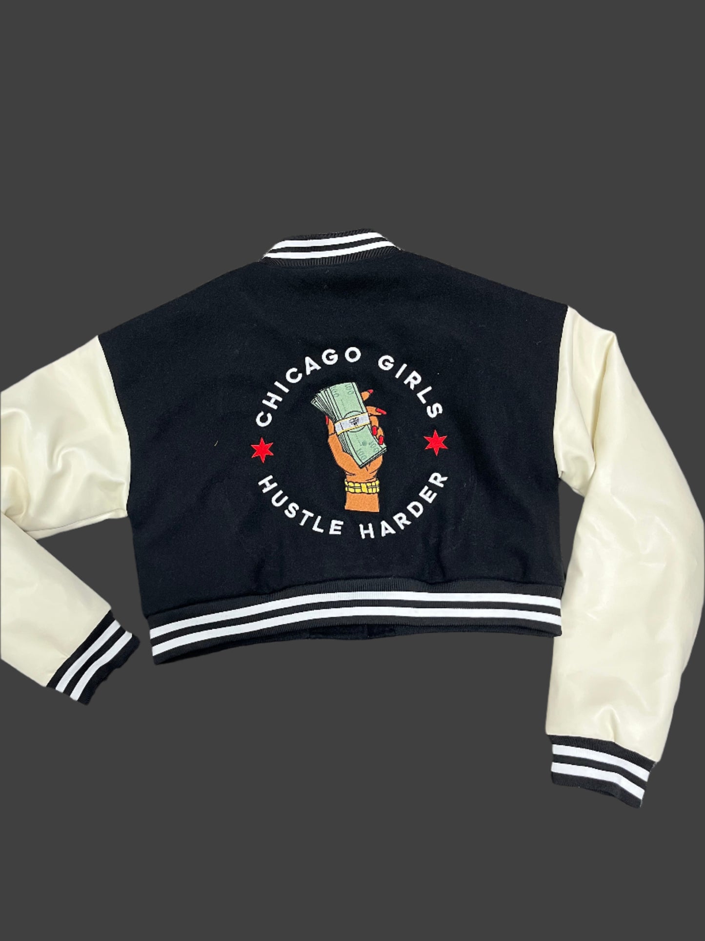 "Chicago Girls Hustle Harder" Cropped Varsity Jacket