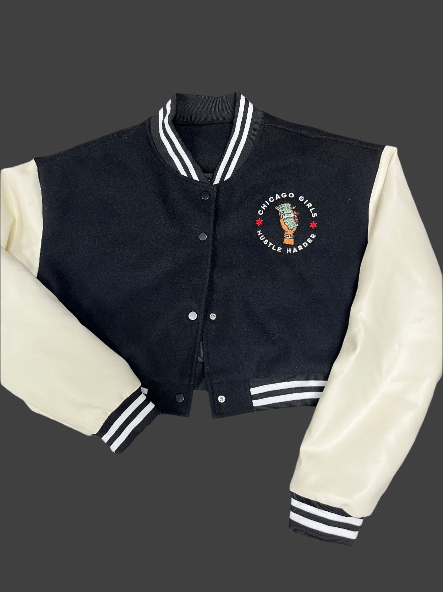 "Chicago Girls Hustle Harder" Cropped Varsity Jacket